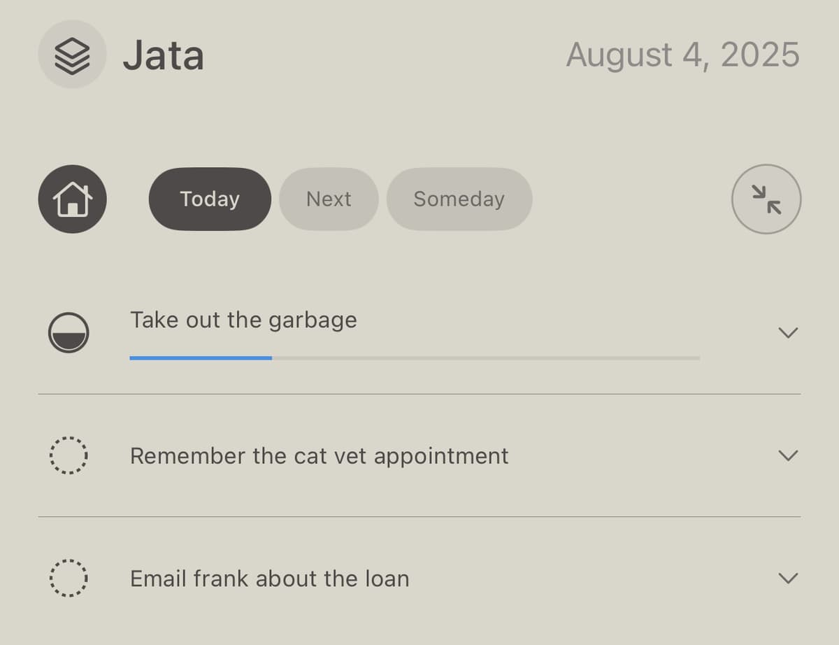 Jata's temporal task organization interface showing Today, Next, and Someday categories for ADHD-friendly productivity