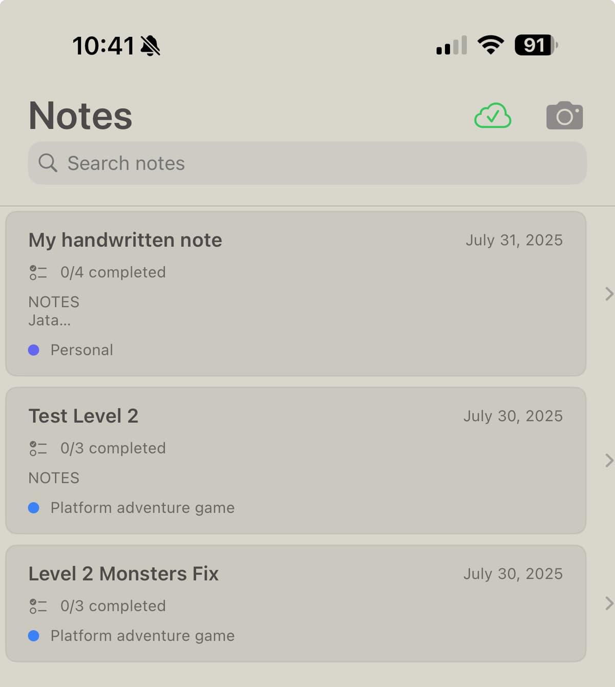 Jata notes list view
